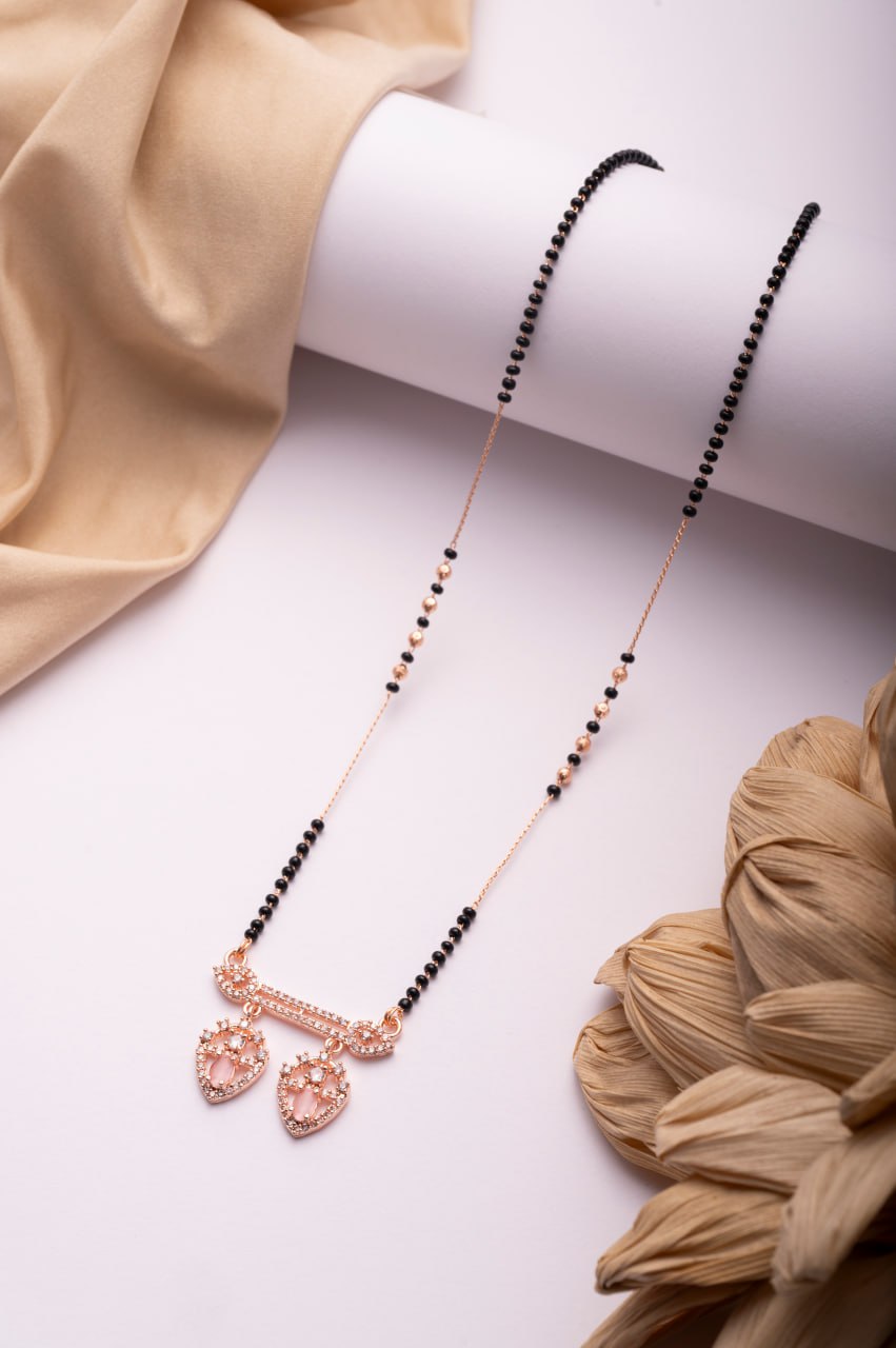 Rose Gold Finish CZ Twin Drop Mangalsutra | Elegant Black Bead Daily Wear Necklace