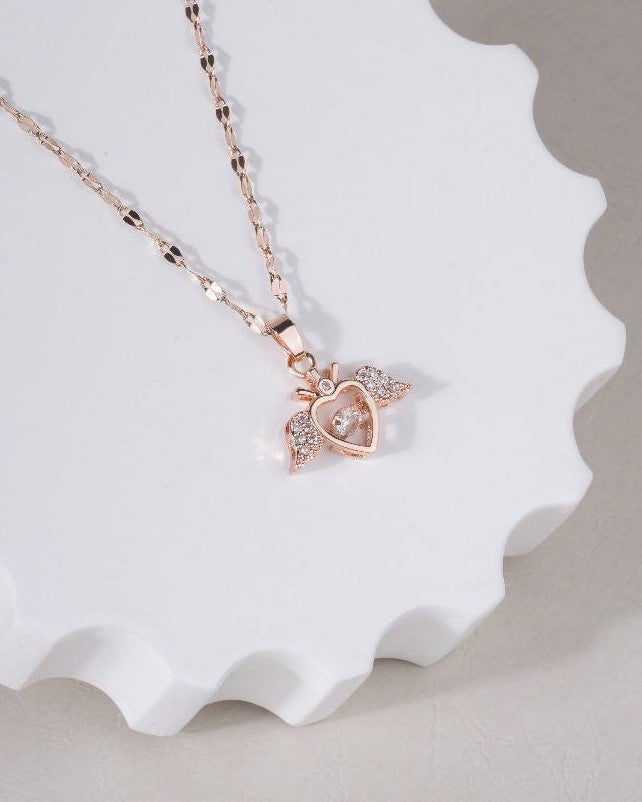 Rose Gold Winged Heart Crystal Pendant Necklace
