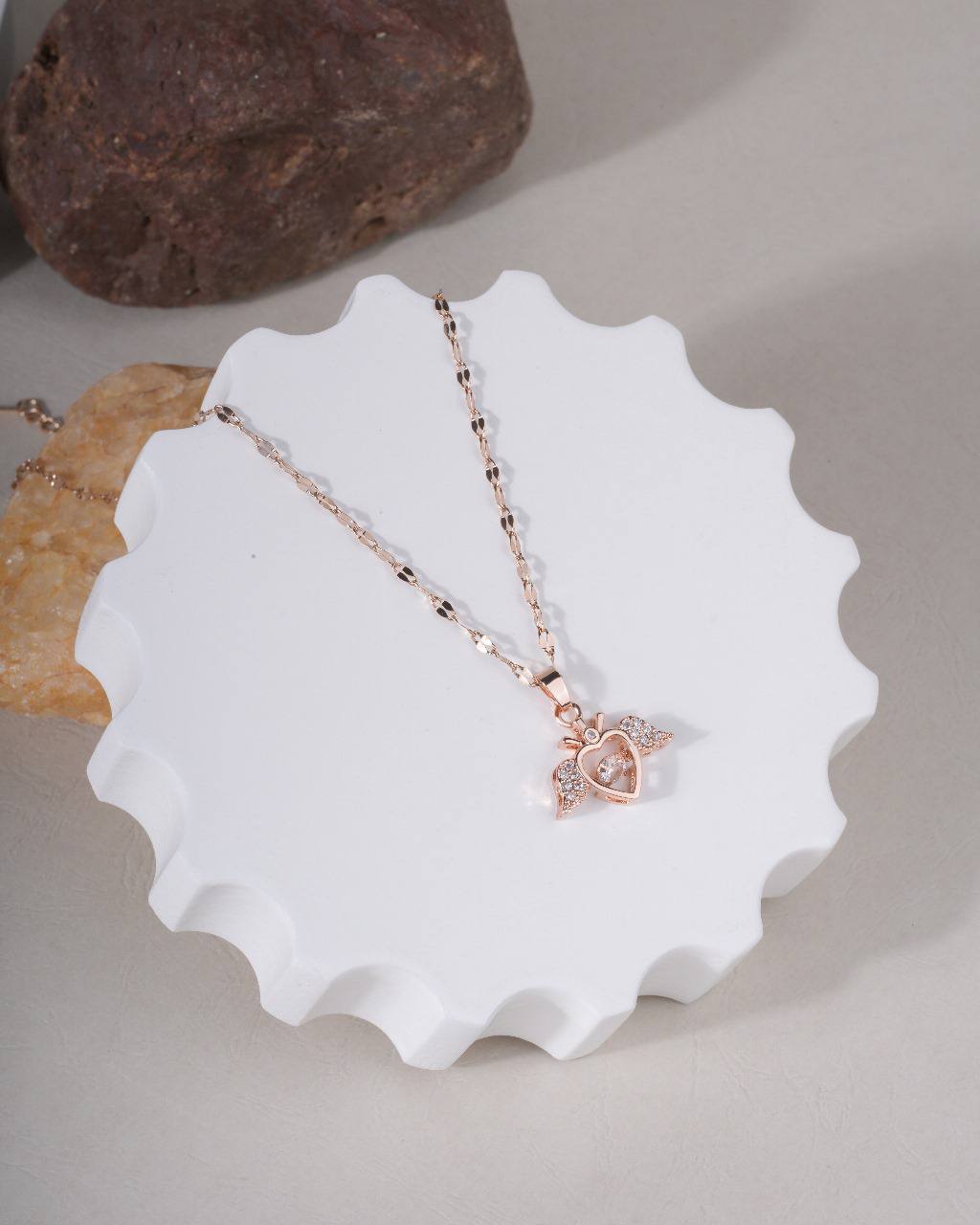 Rose Gold Winged Heart Crystal Pendant Necklace