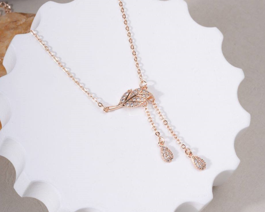 Rose Gold Leaf Drop Crystal Pendant Necklace