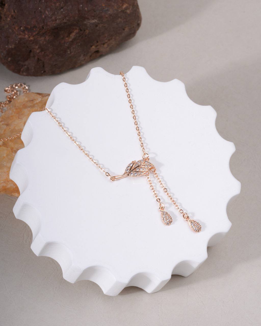 Rose Gold Leaf Drop Crystal Pendant Necklace