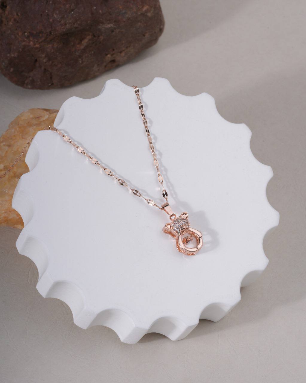 Rose Gold Teddy Bear Crystal Pendant Necklace
