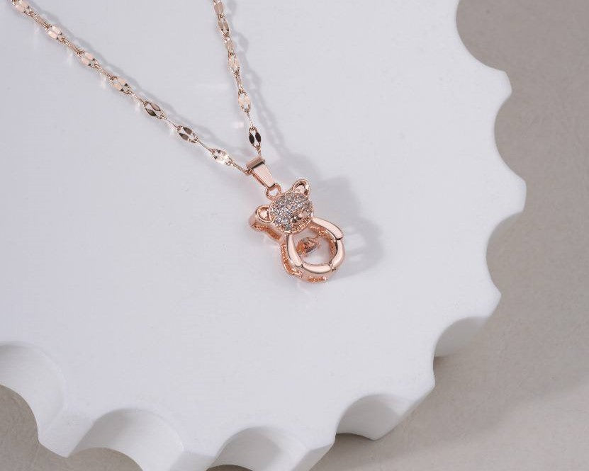 Rose Gold Teddy Bear Crystal Pendant Necklace