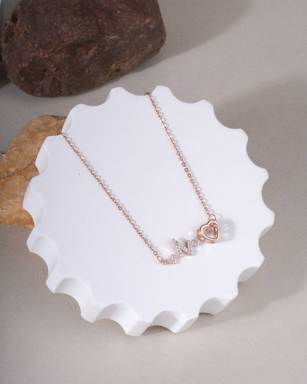 Rose Gold Heartbeat Line Crystal Pendant Necklace