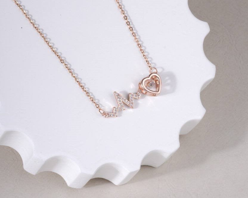 Rose Gold Heartbeat Line Crystal Pendant Necklace
