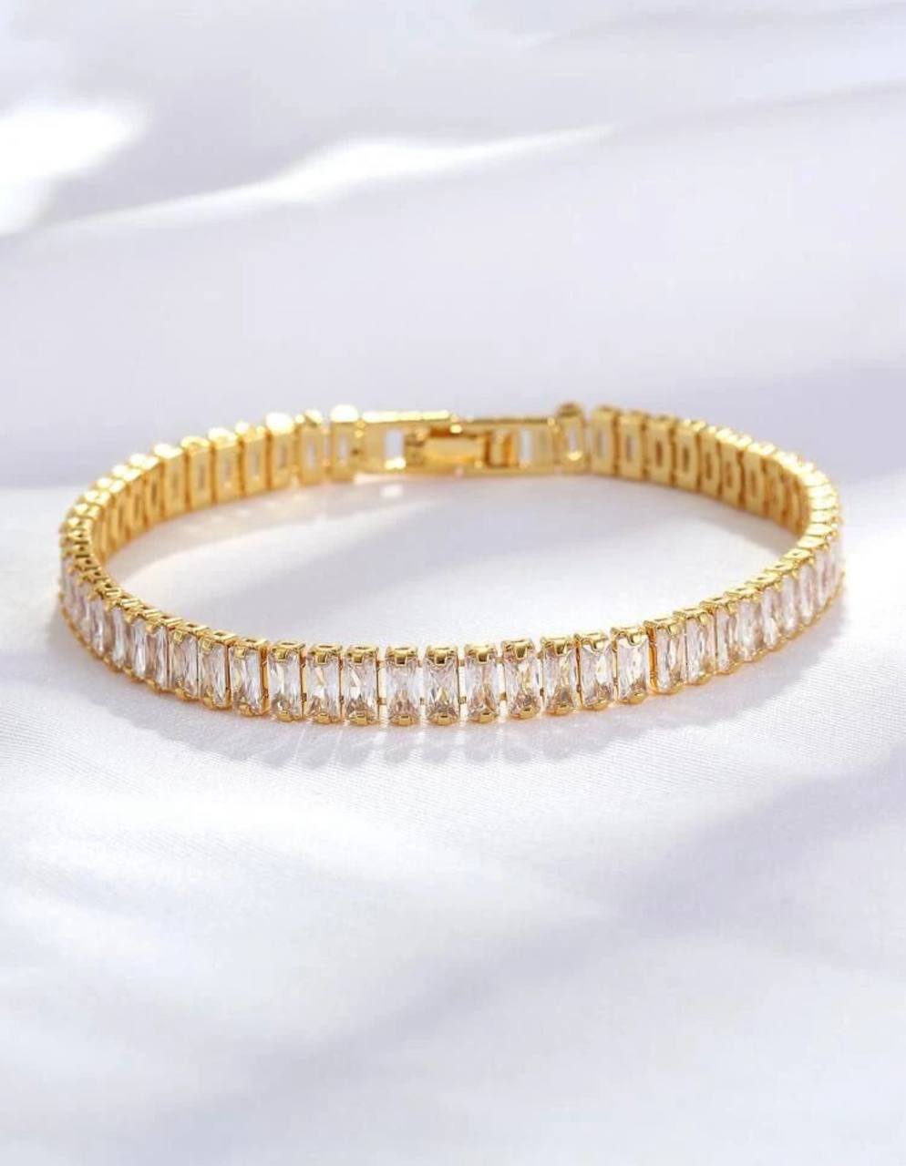 GleamLine Baguette Cut Tennis Bracelet – Gold Finish