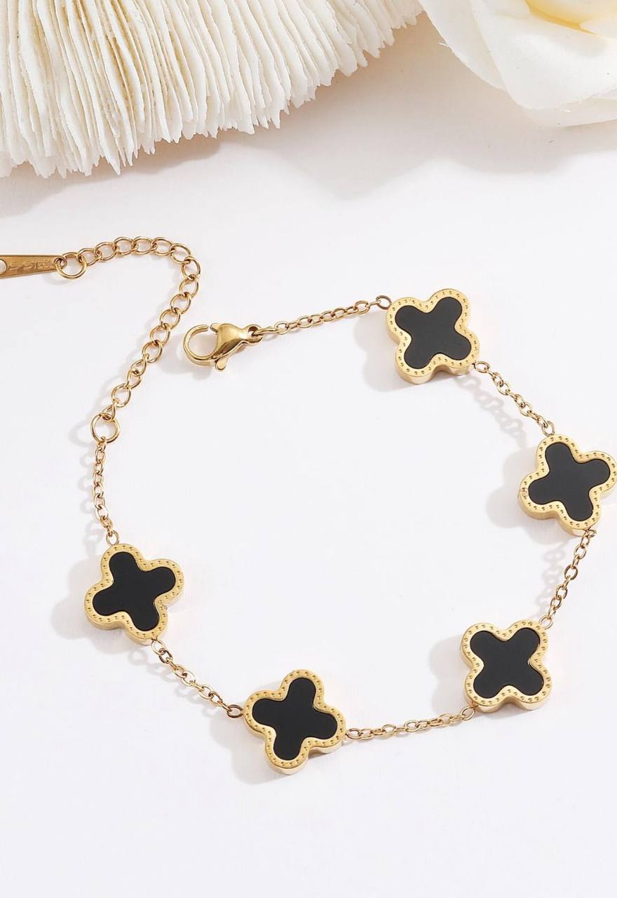 Elegant Four-Leaf Clover Bracelet in Black & Gold