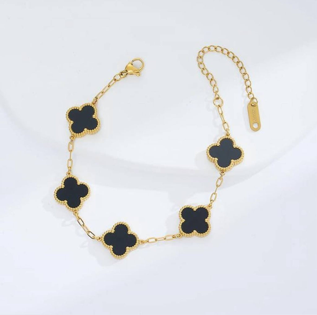 Elegant Four-Leaf Clover Bracelet in Black & Gold