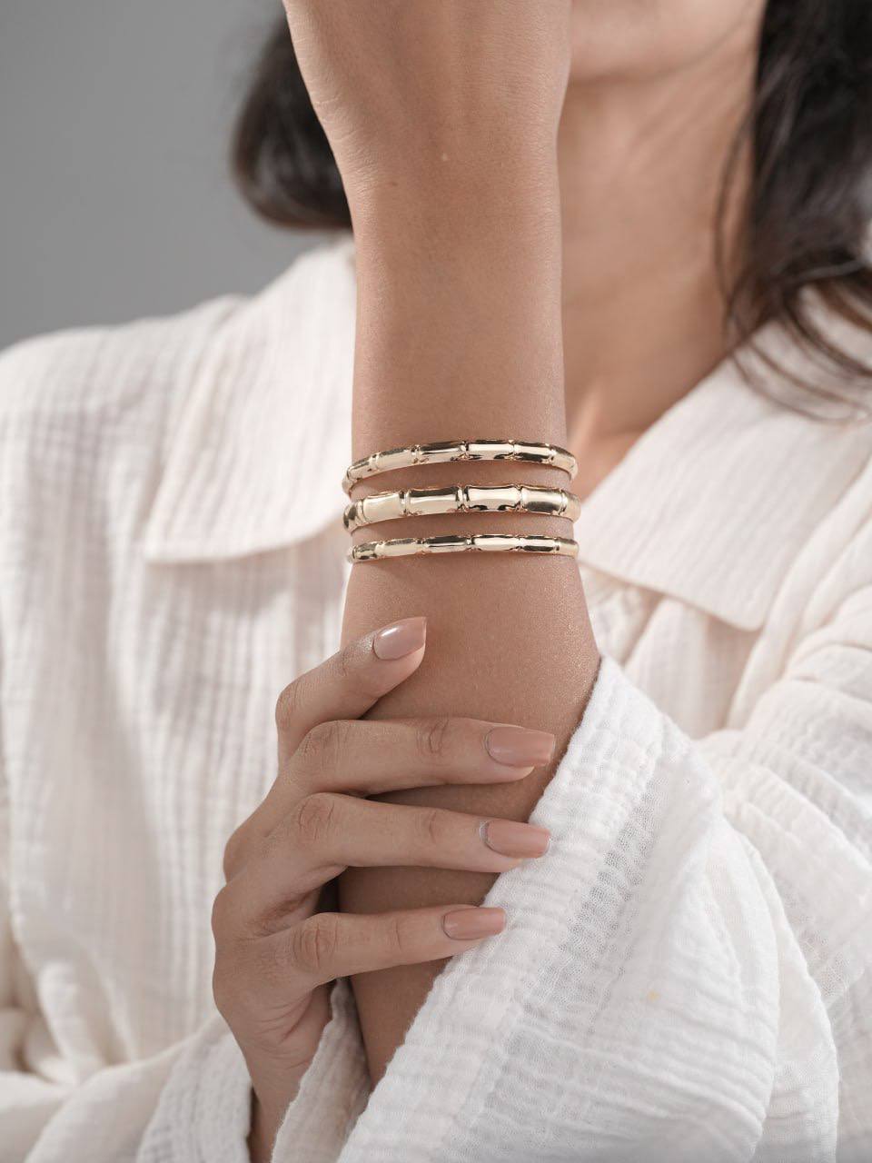 Korean Triple Bamboo Cuff Bracelet – Gold Plated Organic Textured Bangle