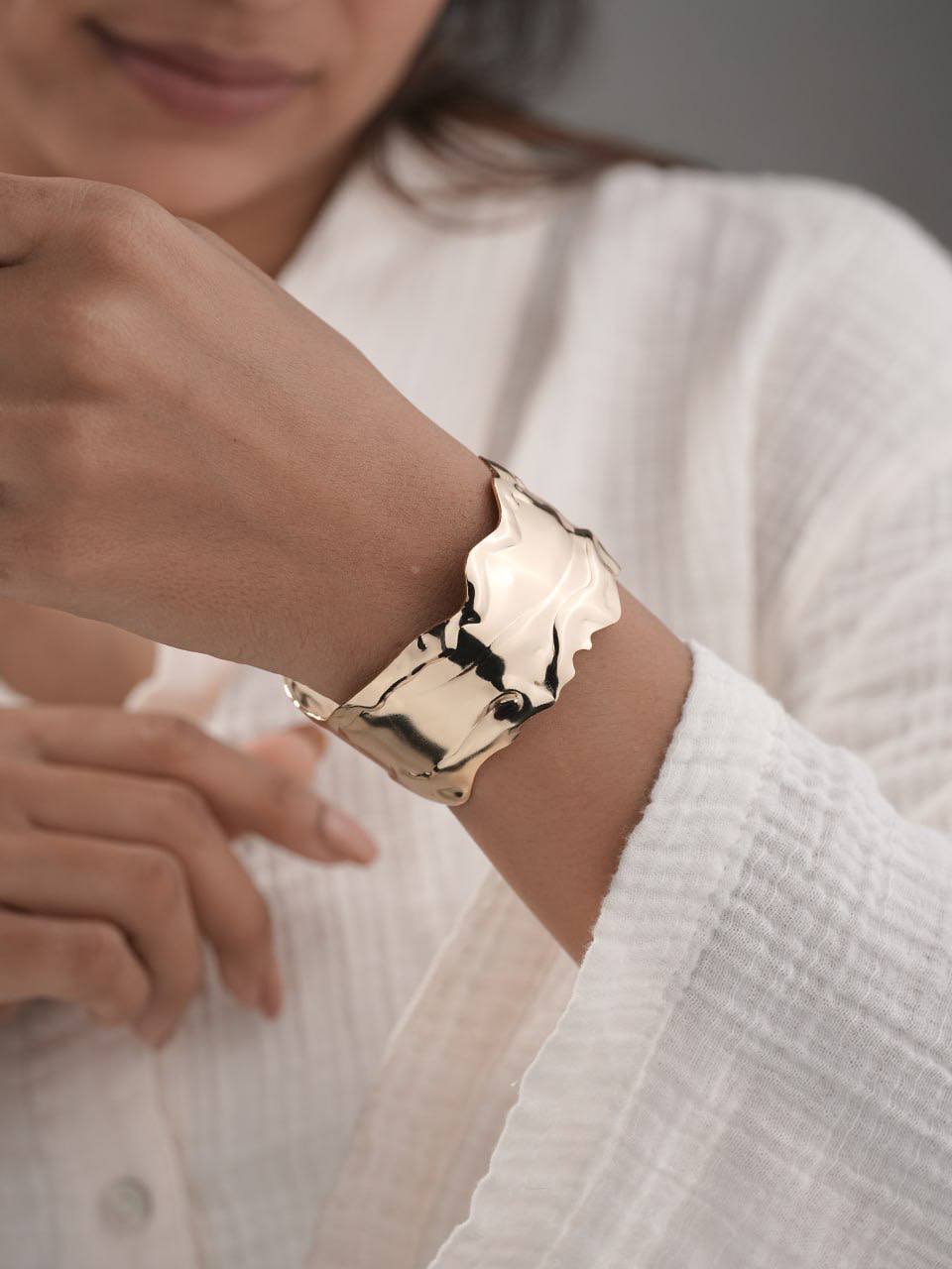 Hammered Wave Cuff Bracelet – Gold Finish