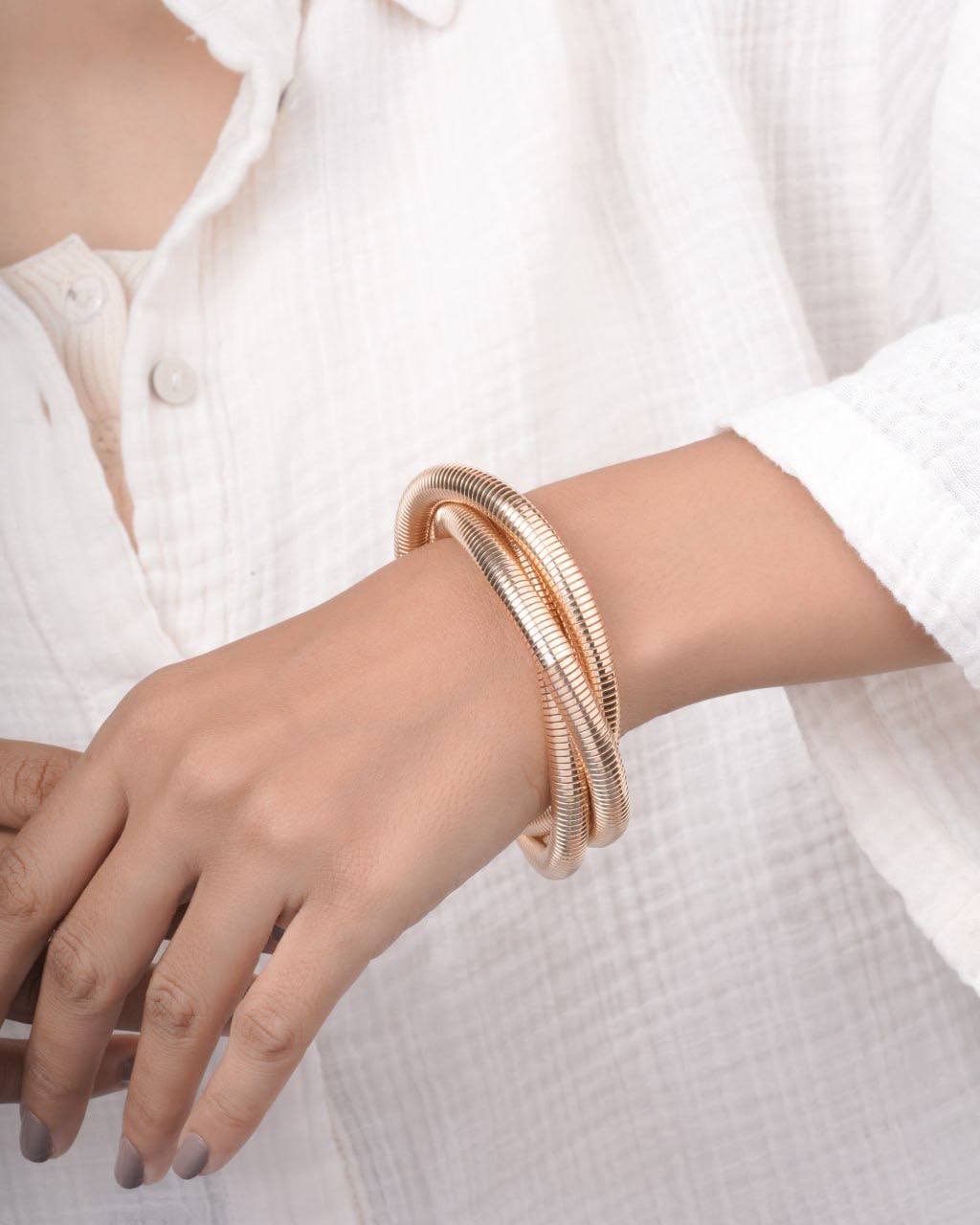 Korean Minimalist Triple Coil Snake Bracelet – Gold Plated Flexible Bangle
